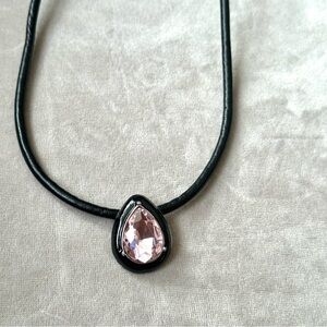 Fashion Jewelry Necklace Black Faux Leather Cord Pink Pendant 18 Inches